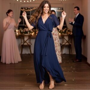 SHOW ME YOUR MUMU Navy Sophia High Low Bridesmaid Wrap Dress Size Small